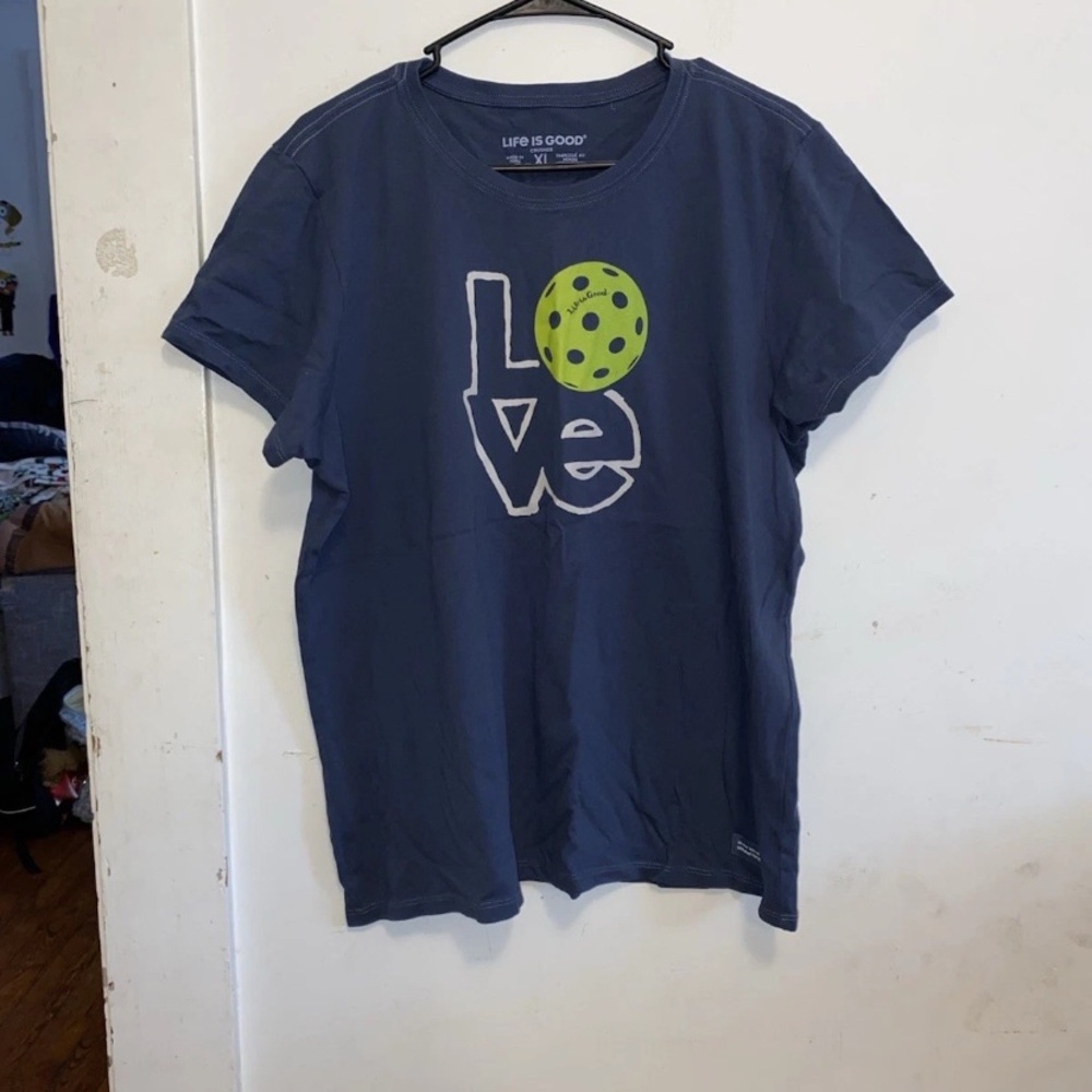 Life Is Good Navy Tee with Lime Pickleball LOVE Graphic